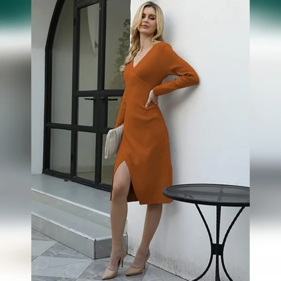 DEEP SELF Women's Rust Midi Sweater Dress V Neck  Long Sleeve Dress L - Picture 2 of 7